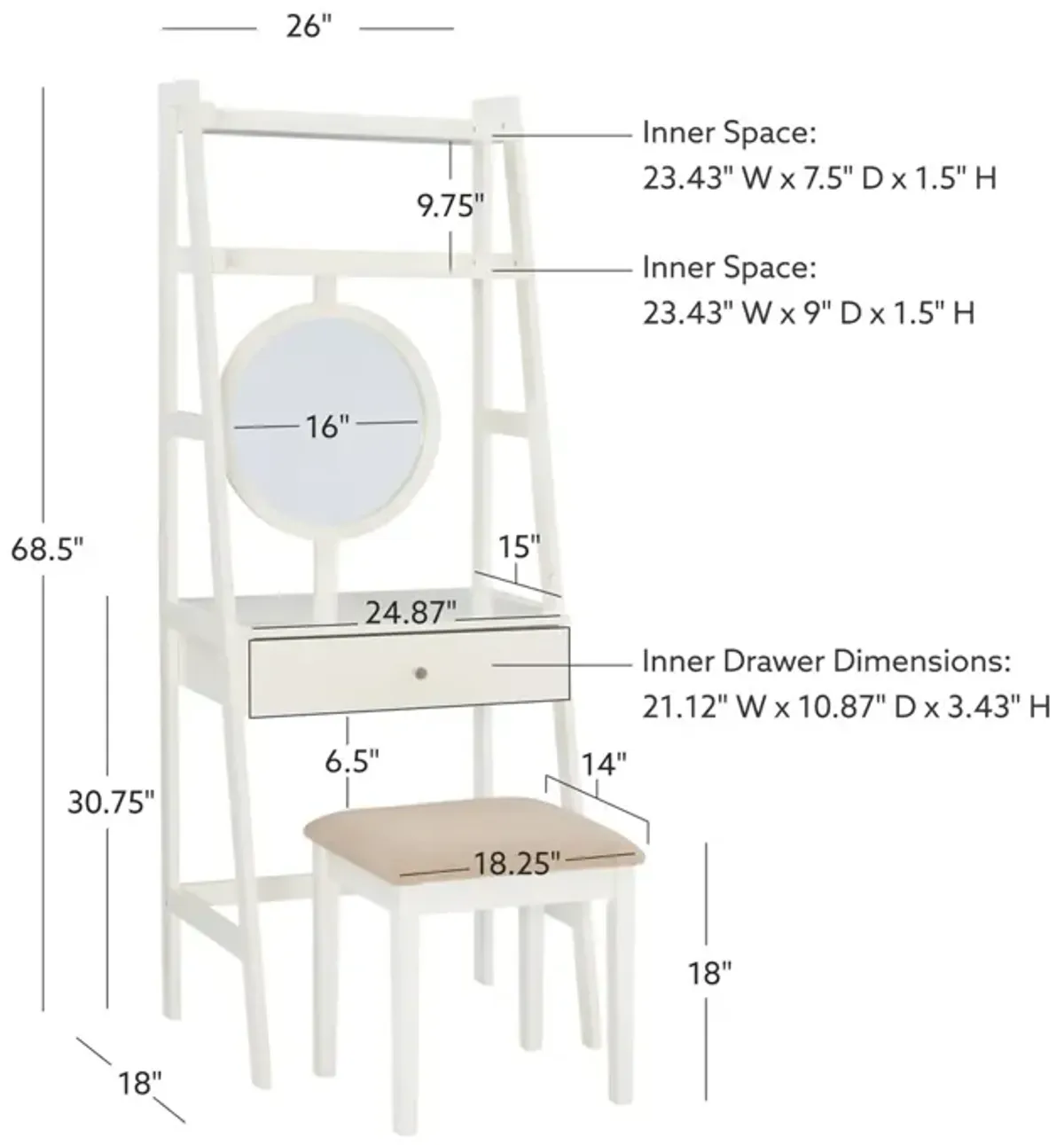 Linon Lilymae Leaning Vanity with Stool