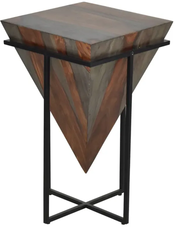 COLLINS ECLECTIC SHEESHAM WOOD PYRAMID SHAPED ACCENT SIDE END TABLE WITH IRON BASE