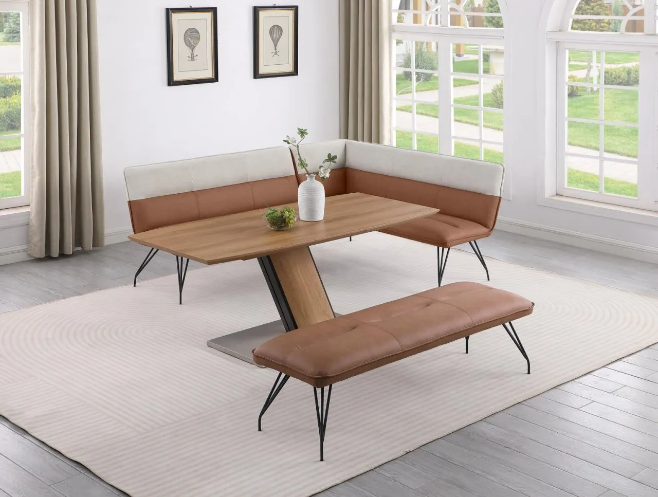 LILLIAN MODERN WOODEN DINING SET WITH EXTENDABLE TABLE, NOOK, & BENCH