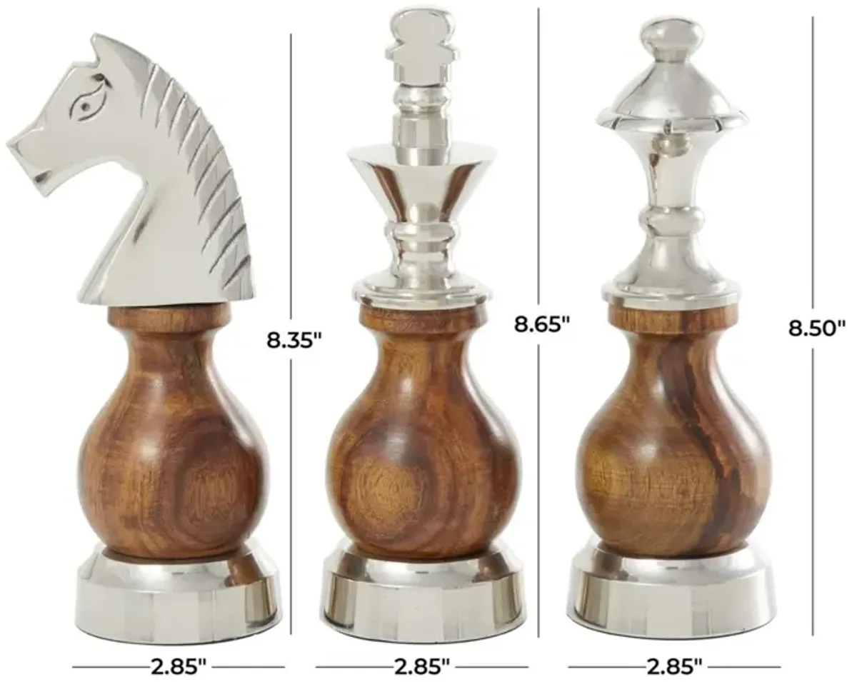 UMA Home Decor Aluminum Chess King, Knight, Bishop Sculpture Set with Wood Bellies