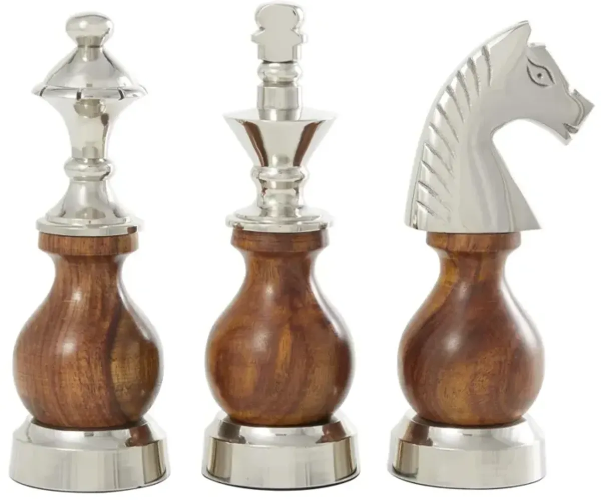 UMA Home Decor Aluminum Chess King, Knight, Bishop Sculpture Set with Wood Bellies