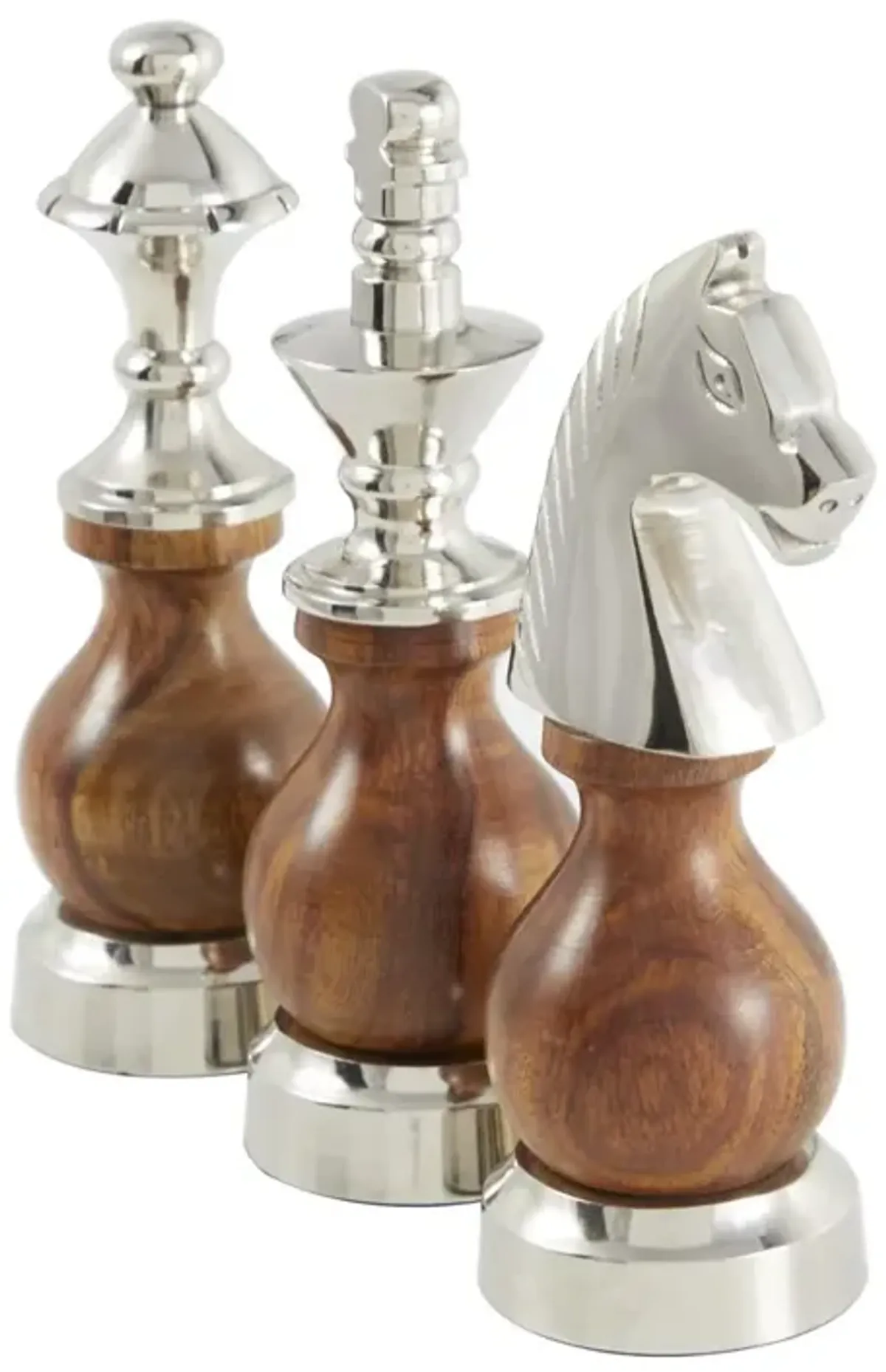 UMA Home Decor Aluminum Chess King, Knight, Bishop Sculpture Set with Wood Bellies