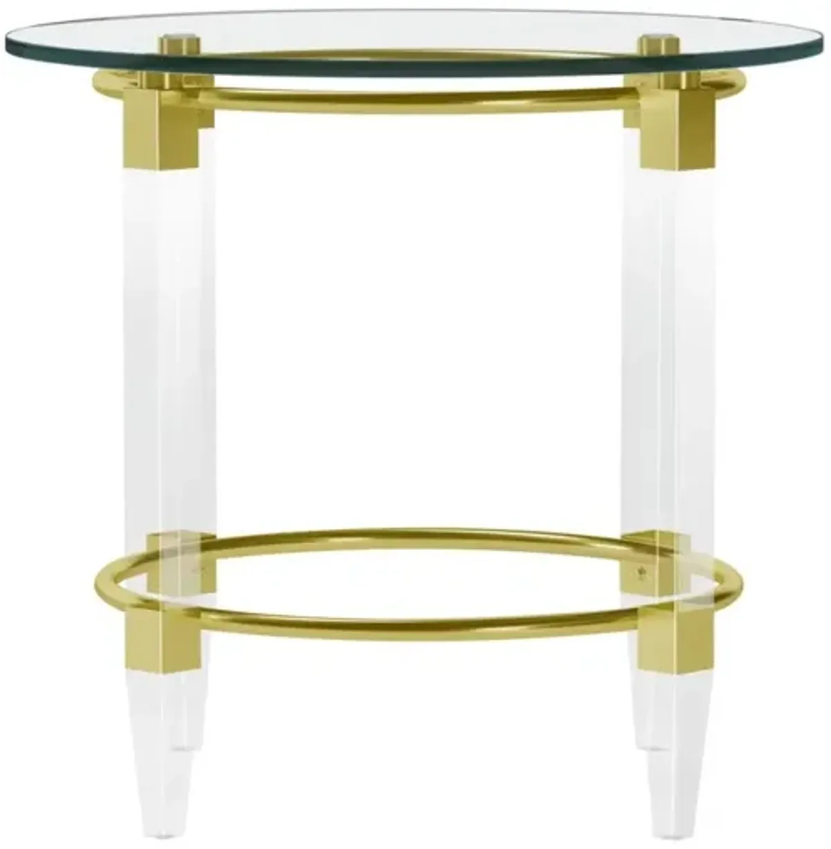 Chintaly Gold Round Glass Lamp Side Table with Acrylic Legs & Gold Plated Frame