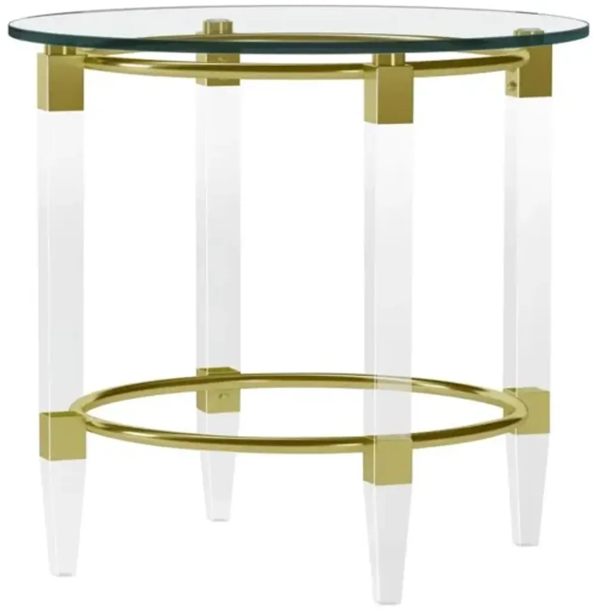 Chintaly Gold Round Glass Lamp Side Table with Acrylic Legs & Gold Plated Frame