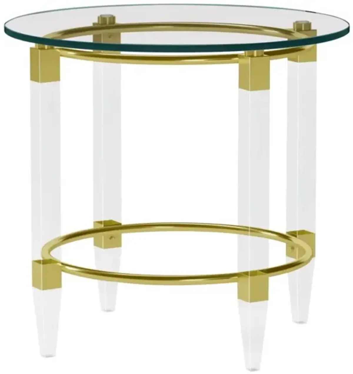 Chintaly Gold Round Glass Lamp Side Table with Acrylic Legs & Gold Plated Frame