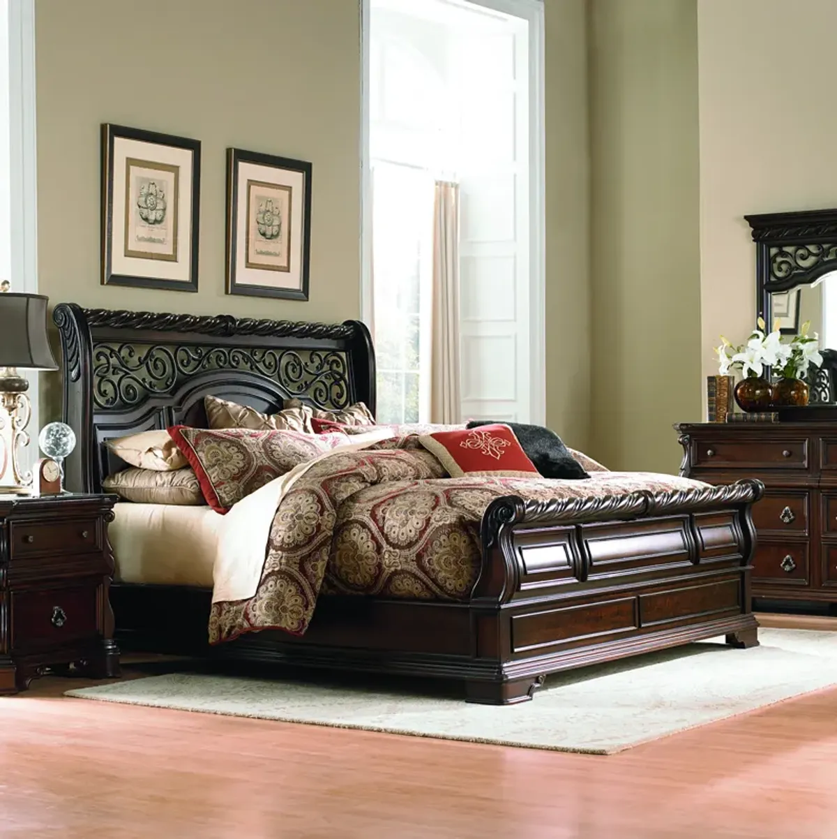 Complete King Bedroom Set - Sleigh Bed, Dresser, Mirror, Chest & Nightstand - Arbor Place