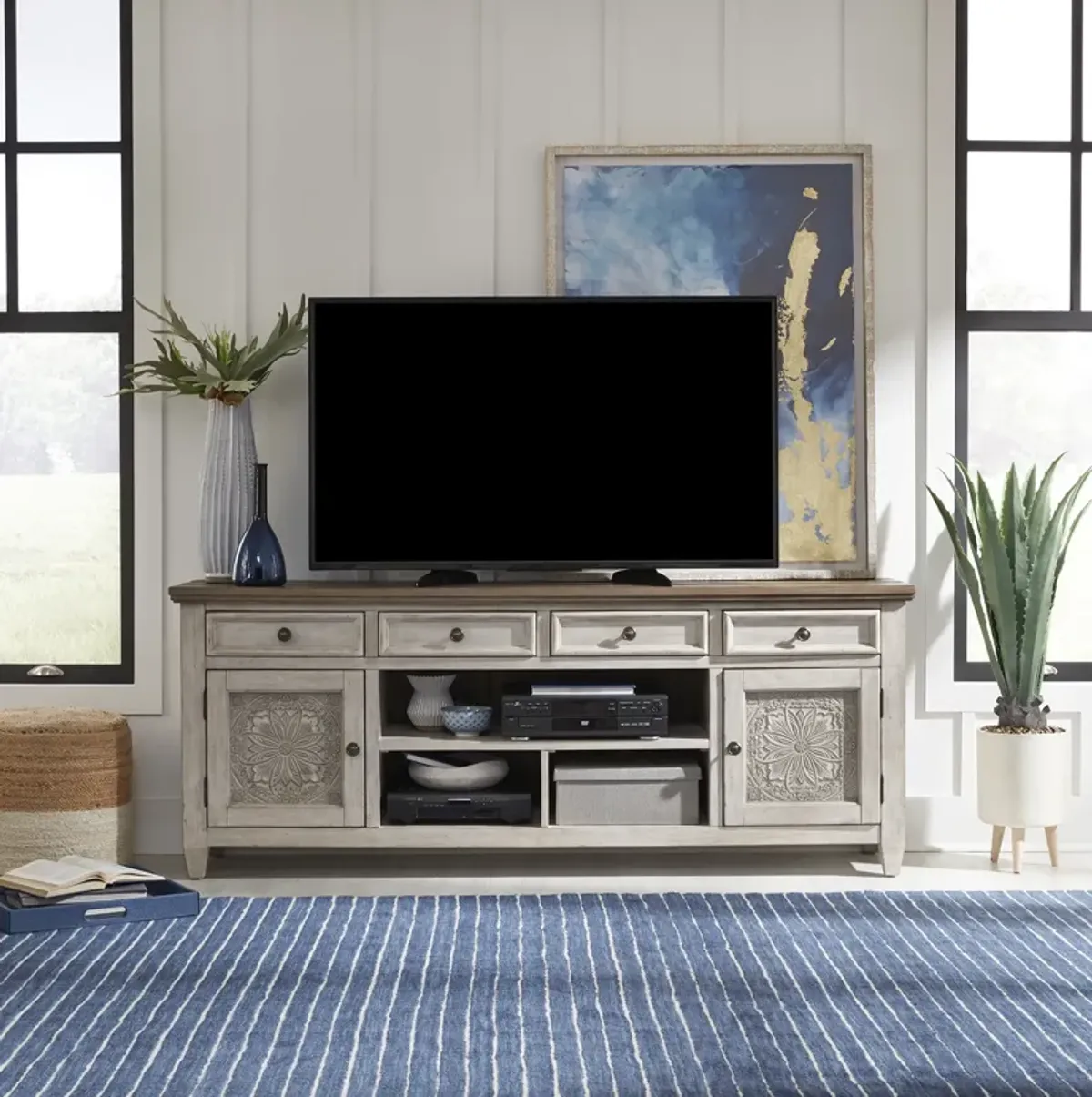 Liberty Furniture Heartland Antique White 76 Inch Tile Media Entertainment TV Stand