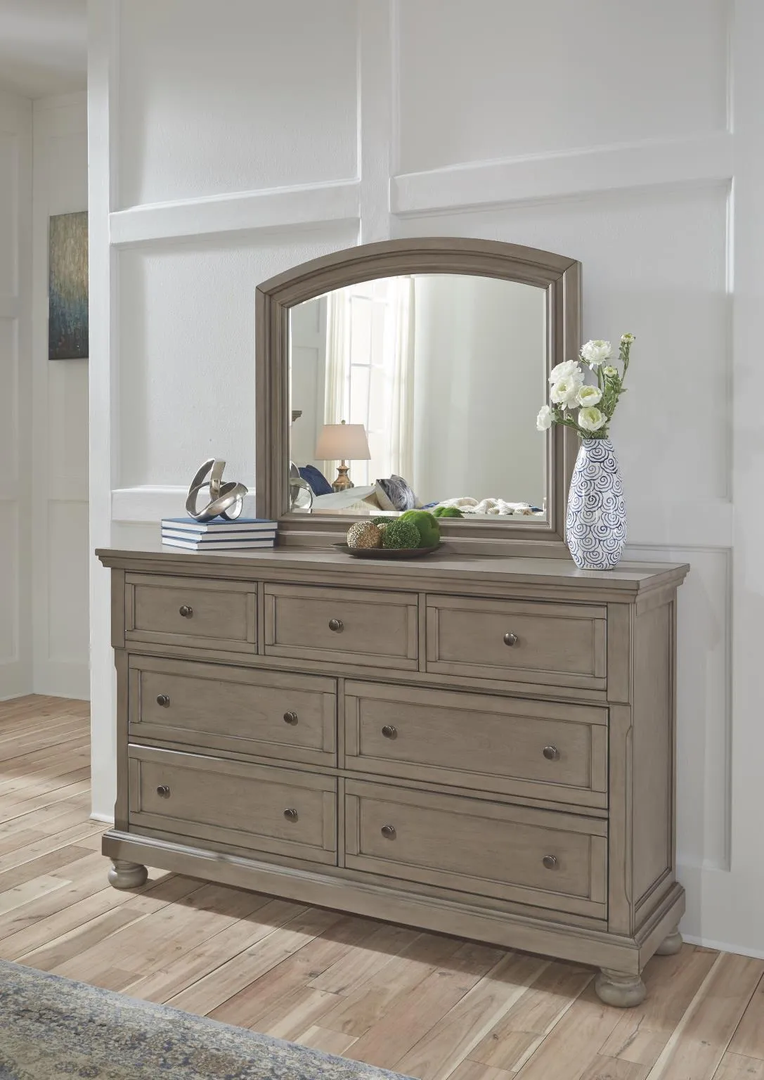 LETTNER DRESSER AND MIRROR LIGHT GRAY SIGNATURE DESIGN