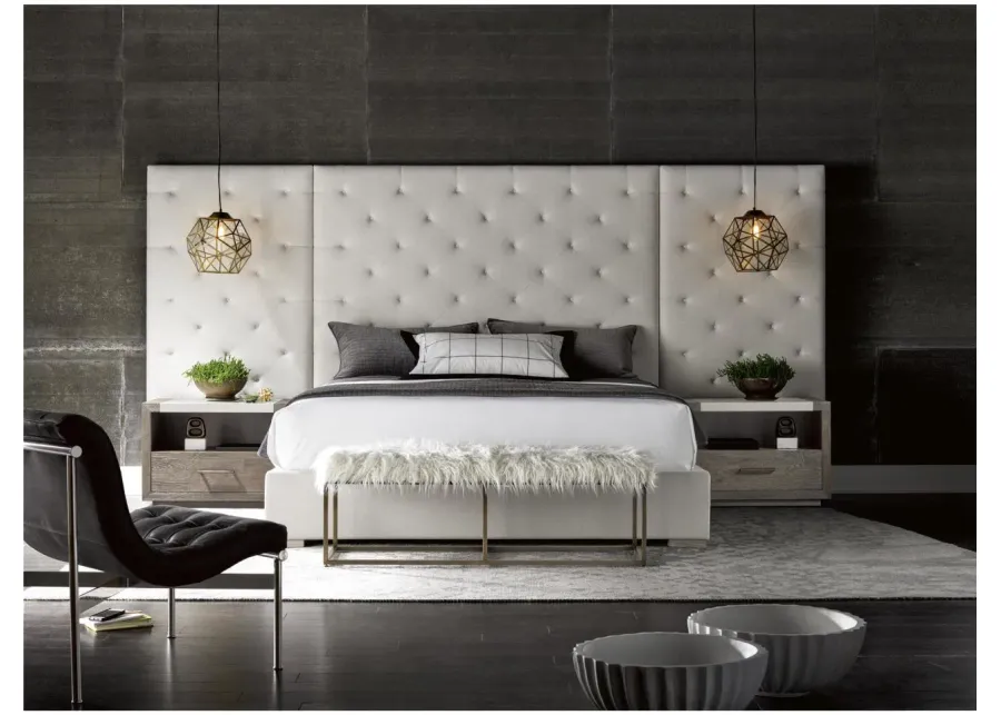 MODERN BRANDO WALTZ/QUARTZ UPHOLSTERED CALIFORNIA KING BED WITH PANELS