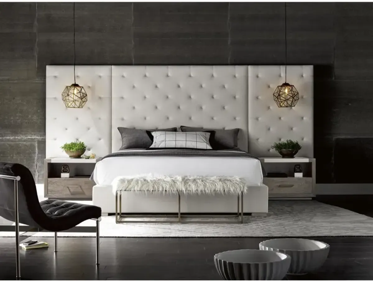 MODERN BRANDO WALTZ/QUARTZ UPHOLSTERED CALIFORNIA KING BED WITH PANELS