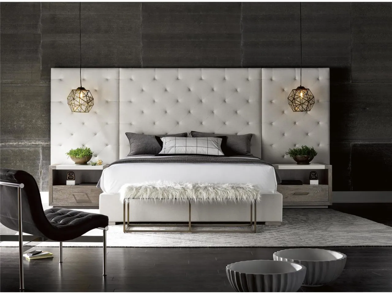 MODERN BRANDO WALTZ/QUARTZ UPHOLSTERED CALIFORNIA KING BED WITH PANELS