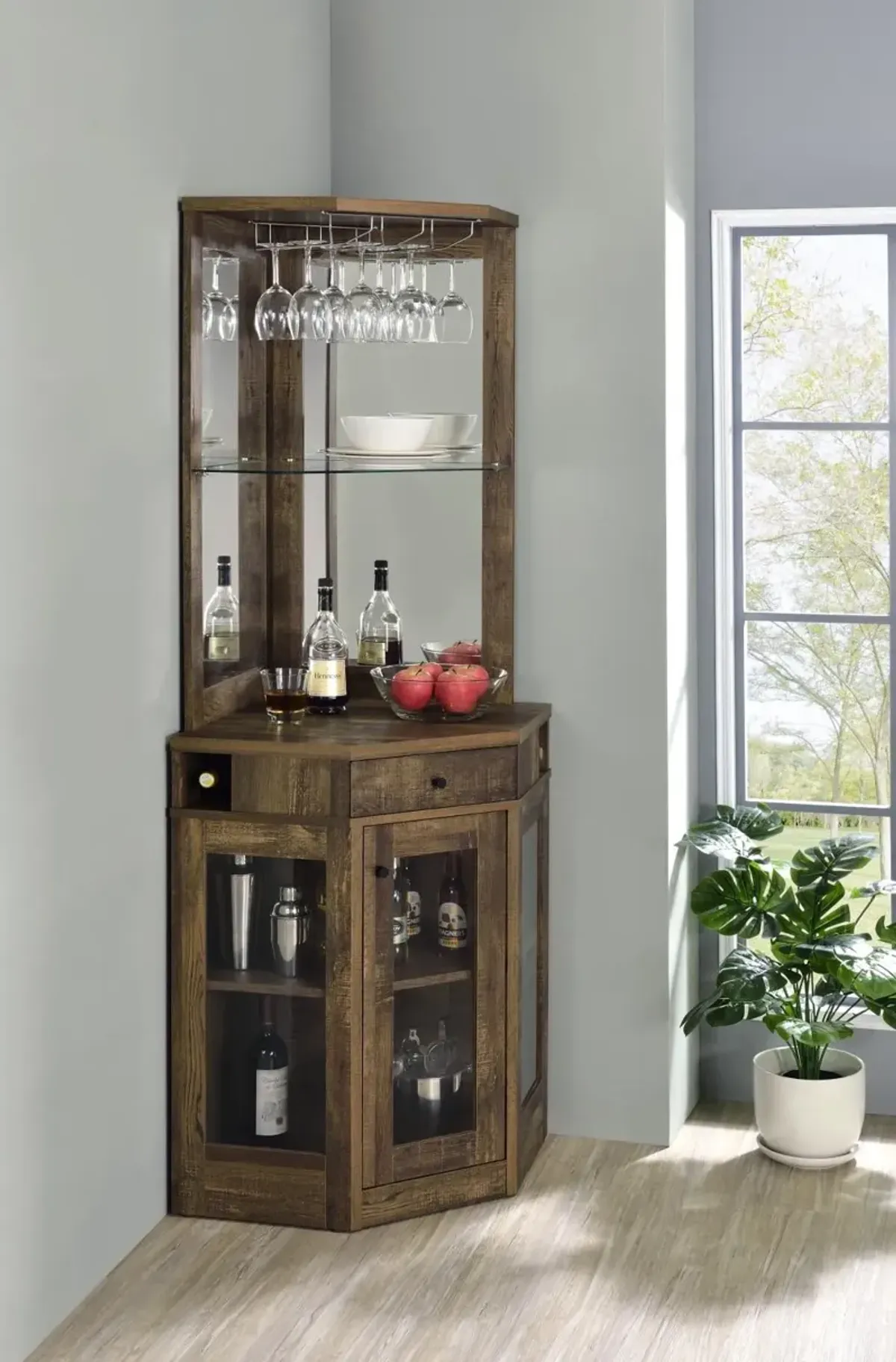 Coaster Alviso 1-Drawer Corner Home Bar Wine Cabinet Rustic Oak