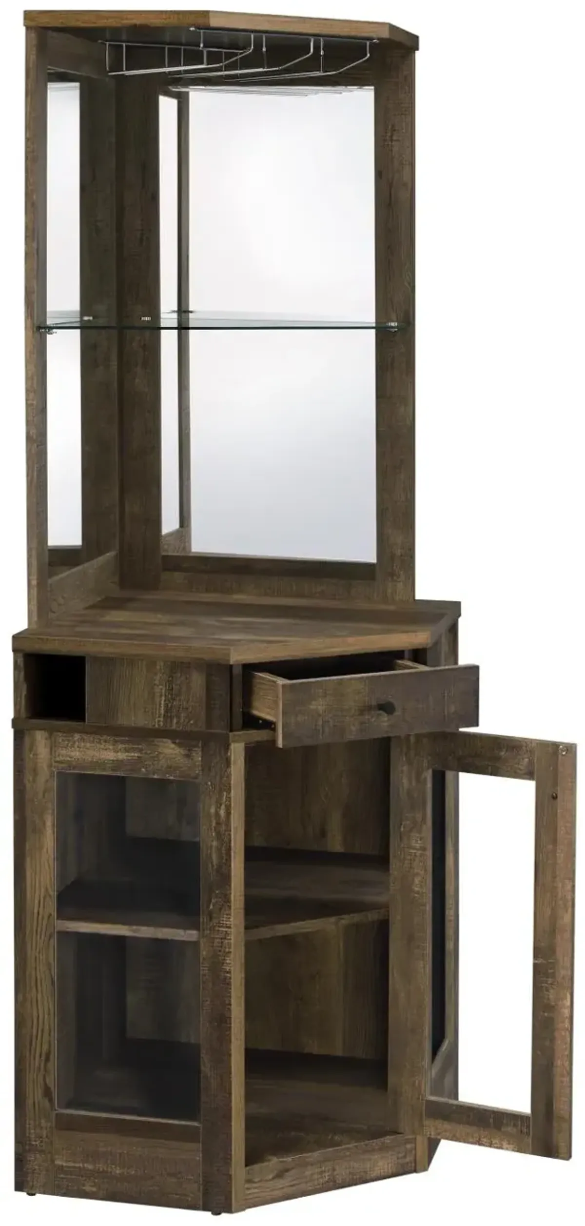 Coaster Alviso 1-Drawer Corner Home Bar Wine Cabinet Rustic Oak