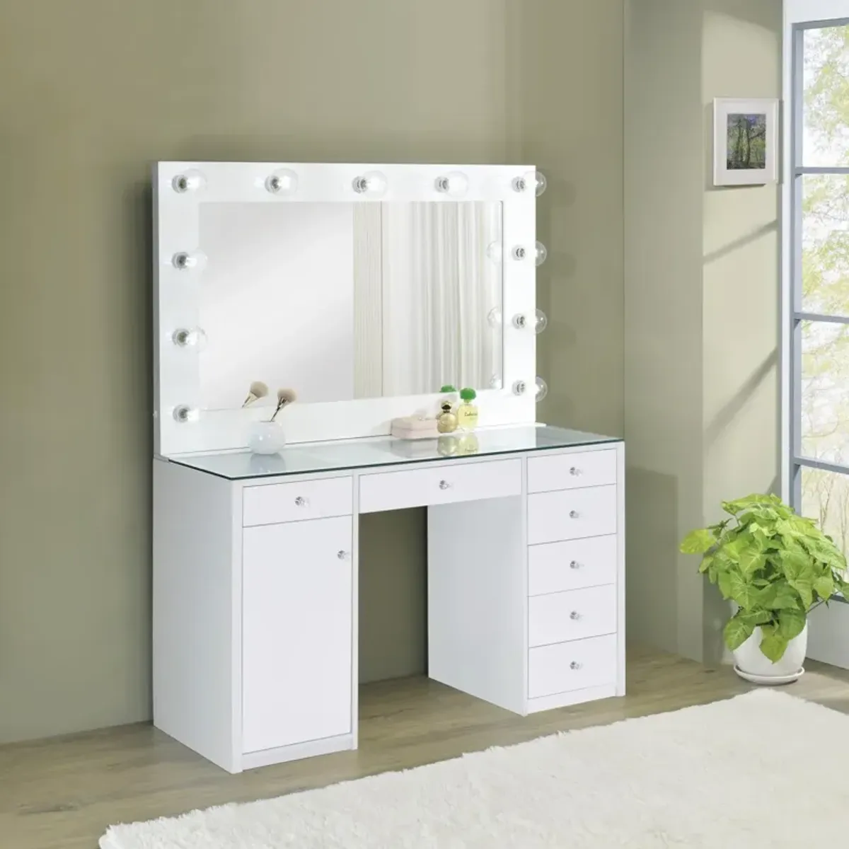 Coaster Acena 7-Drawer Vanity Set with Lighting White High Gloss