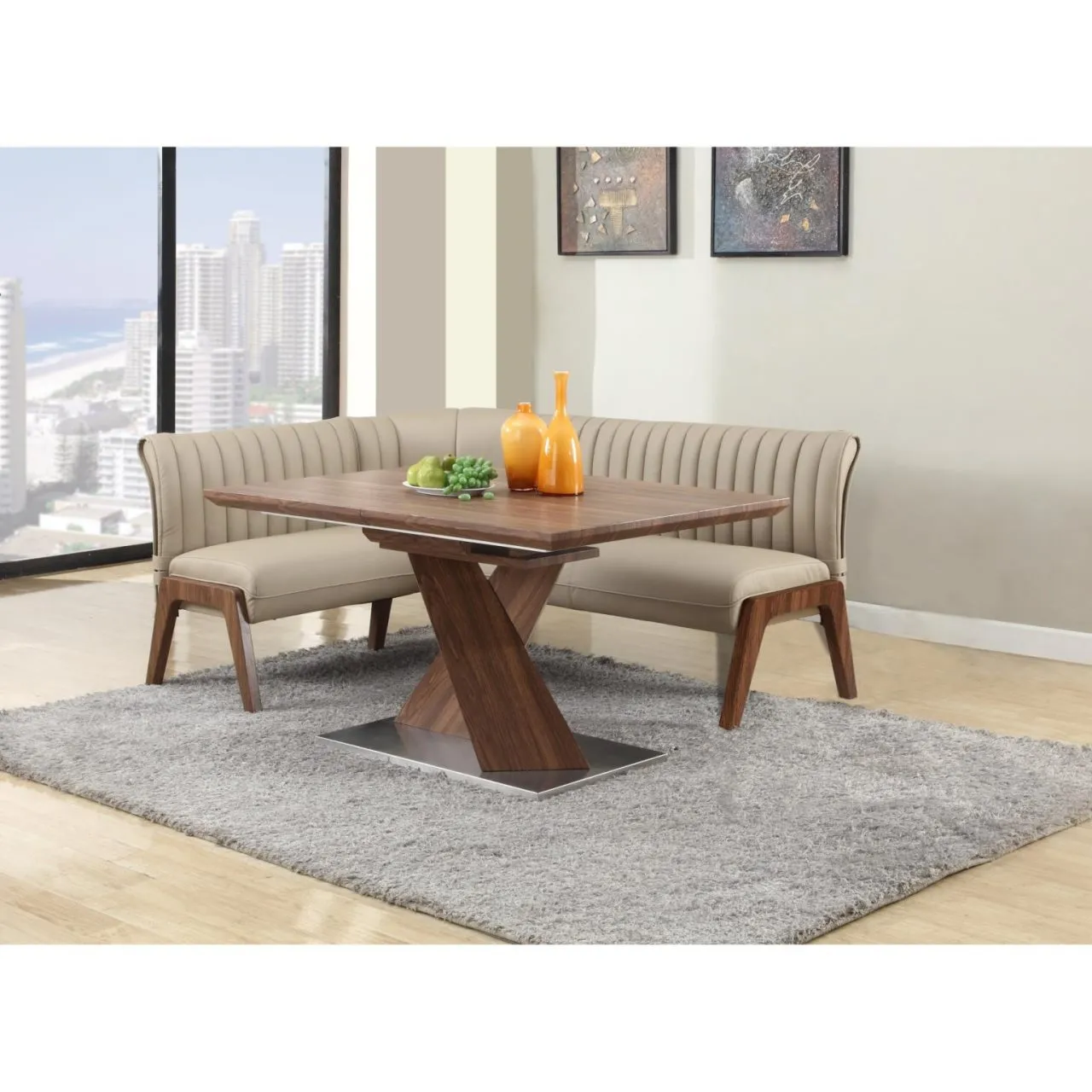 BETHANY TAUPE VERTICAL CHANNEL BACK DINING NOOK BENCH WITH WOODEN LEGS