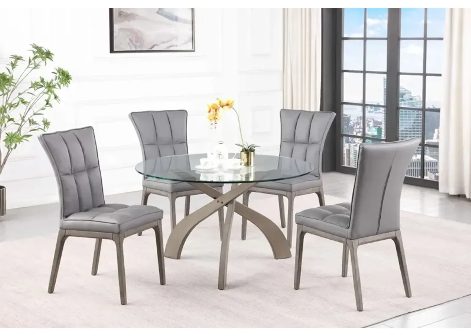 Chintaly Peggy Grey Dining Set with Glass Top Table & Tufted Solid Wood Chairs