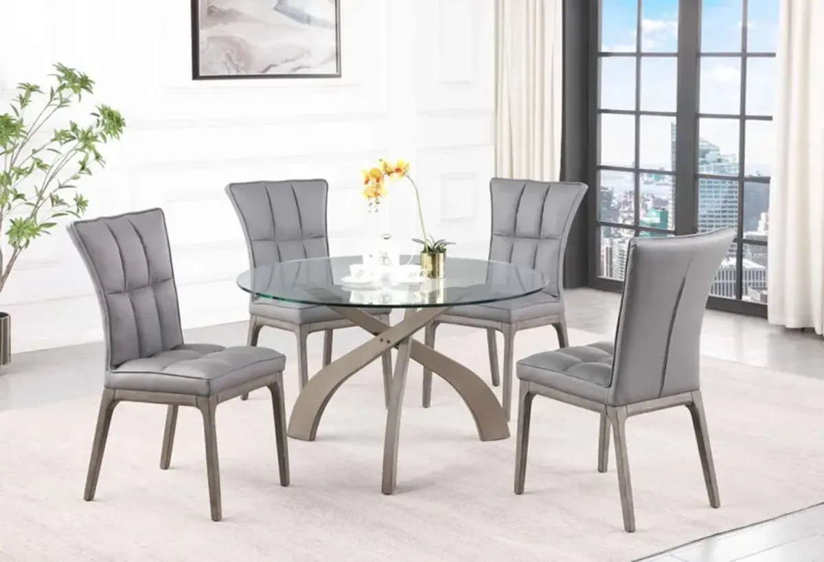 Chintaly Peggy Grey Dining Set with Glass Top Table & Tufted Solid Wood Chairs