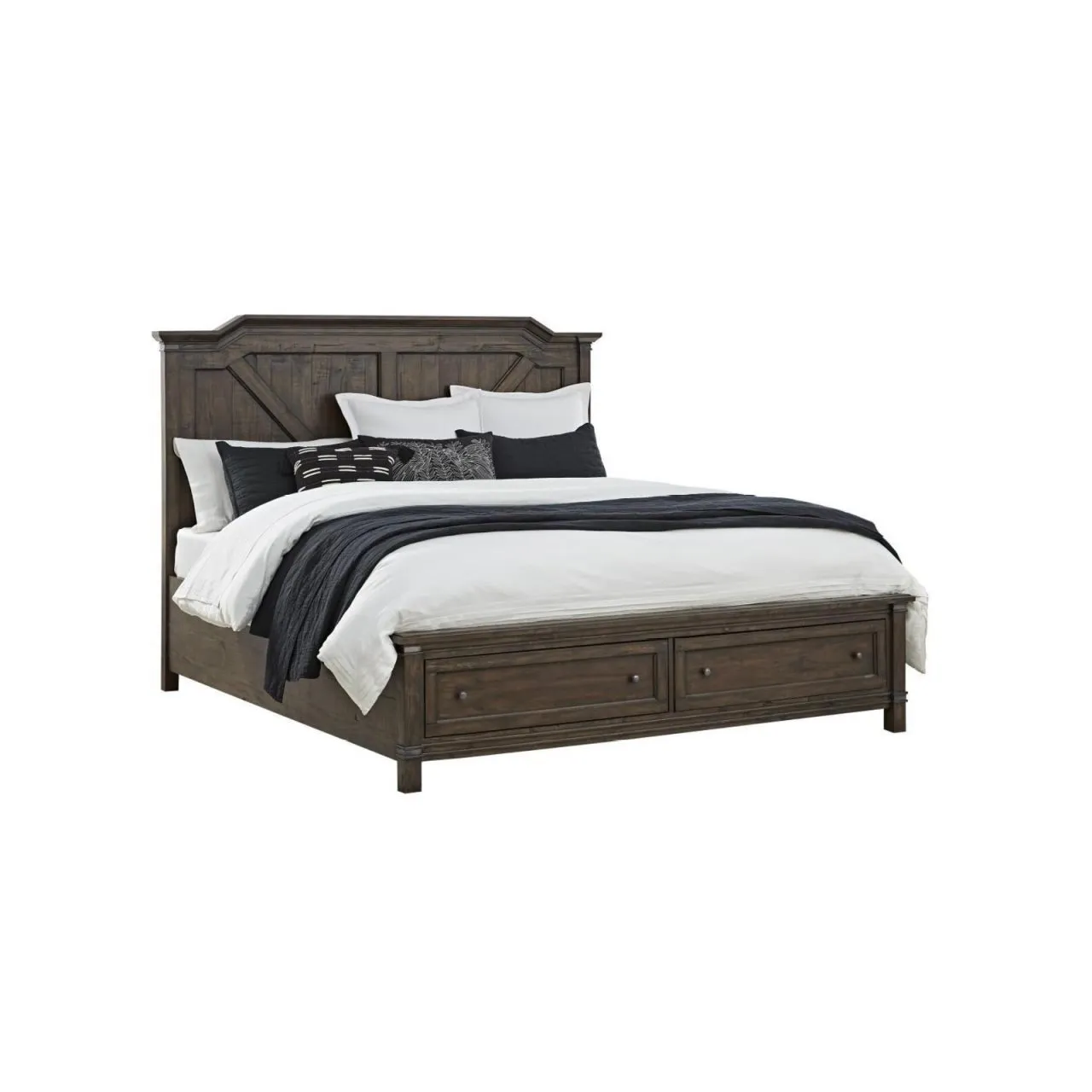 FARMWOOD WHISKEY BARRELL QUEEN STORAGE BED, DRESSER & MIRROR