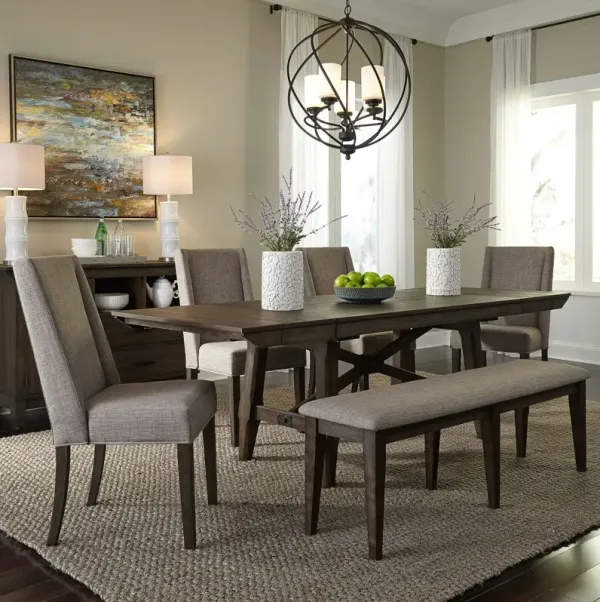 Liberty Furniture 6-Piece Dark Chestnut Trestle Dining Table Set with Upholstered Side Chairs Double Bridge