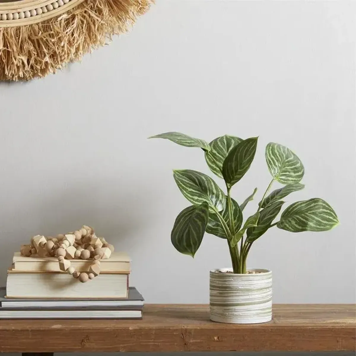 Green Faux Foliage Calathea Artificial Plant with Patterned Porcelain Pot