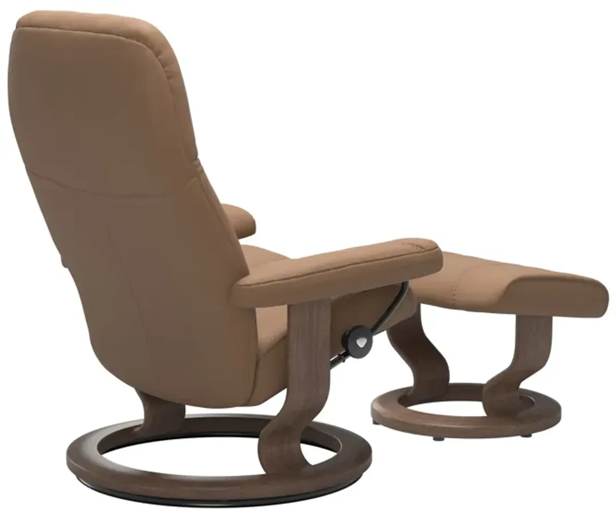 Stressless Consul Classic Base Chair & Ottoman in Batick Latte/Walnut Small