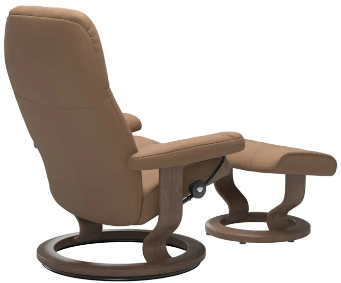 STRESSLESS CONSUL CLASSIC BASE CHAIR AND OTTOMAN IN BATICK LATTE/WALNUT - SMALL