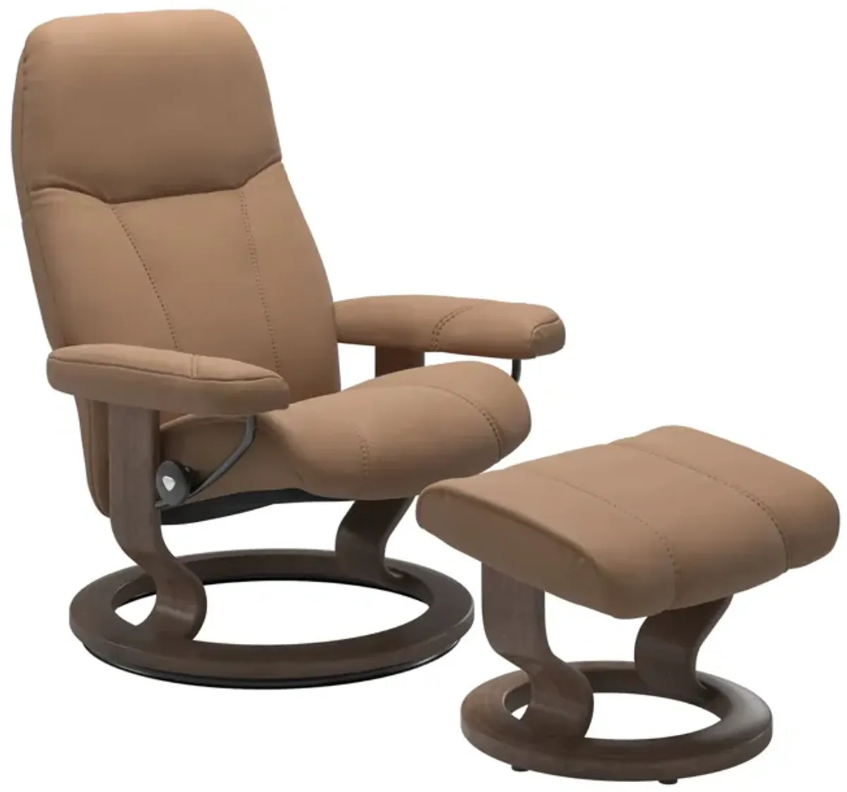 Stressless Consul Classic Base Chair & Ottoman in Batick Latte/Walnut Small