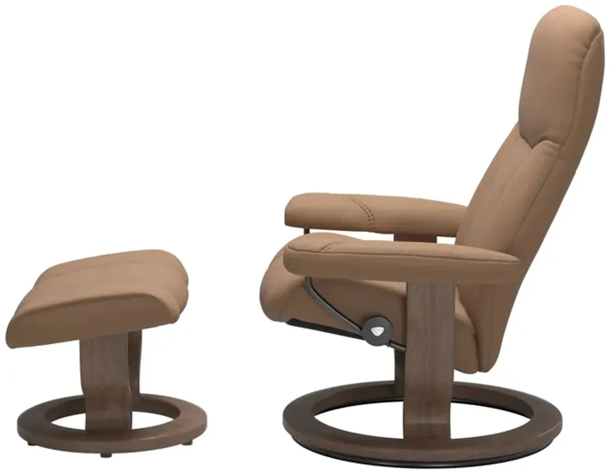 Stressless Consul Classic Base Chair & Ottoman in Batick Latte/Walnut Small