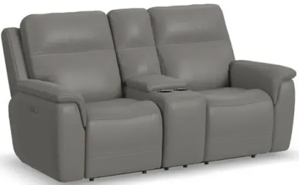 Flexsteel Sawyer Grey Power Leather Reclining Console Loveseat with Power Headrests & Lumbar