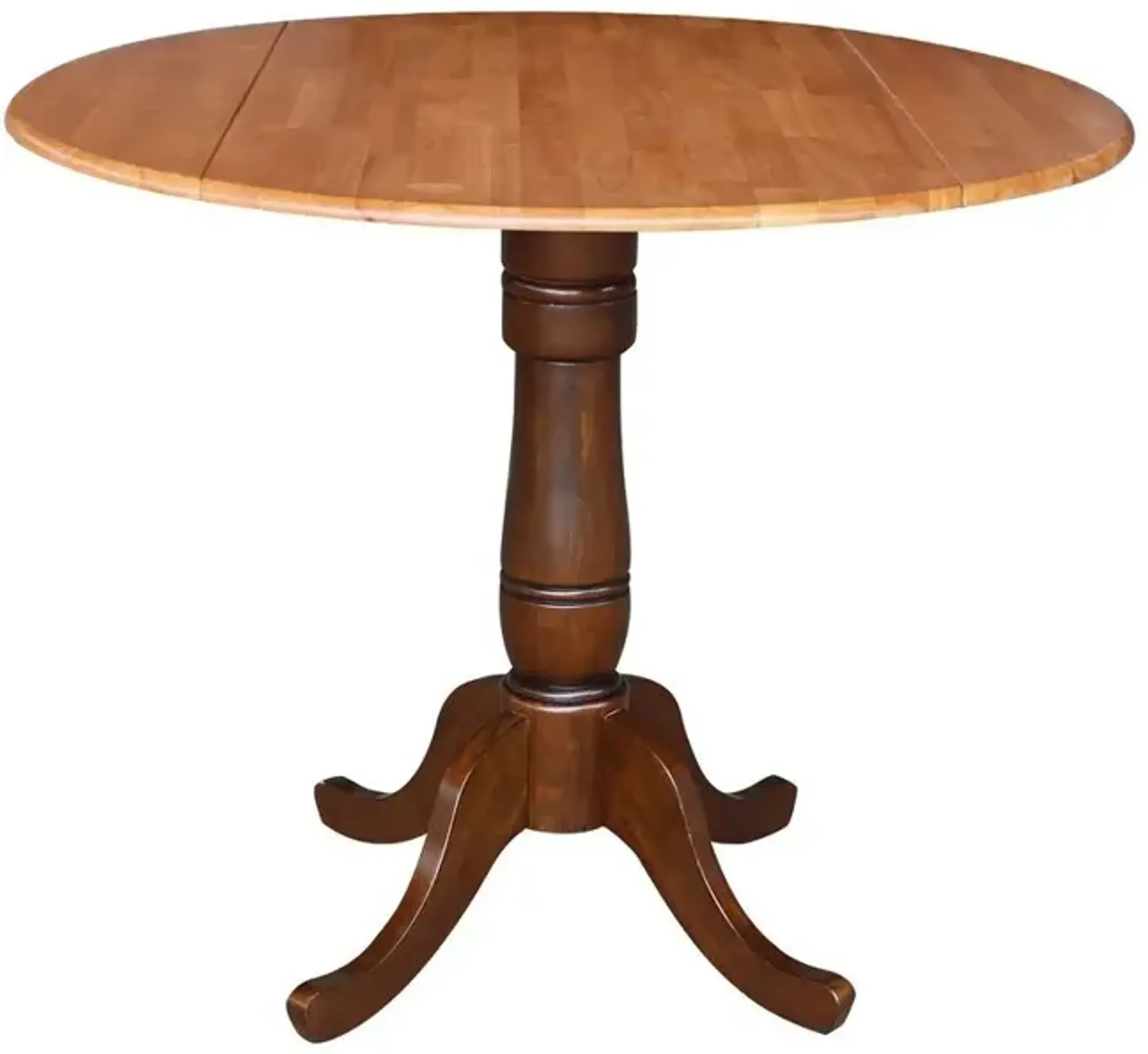 John Thomas Dining Essentials 42 Inch Drop Leaf Table Top with 36 Inch Traditional Pedestal Base with Extension in Cinnamon/Espresso