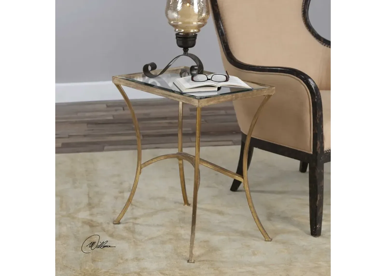 Uttermost Alayna Glass End Table with Antique Gold Leaf Finish