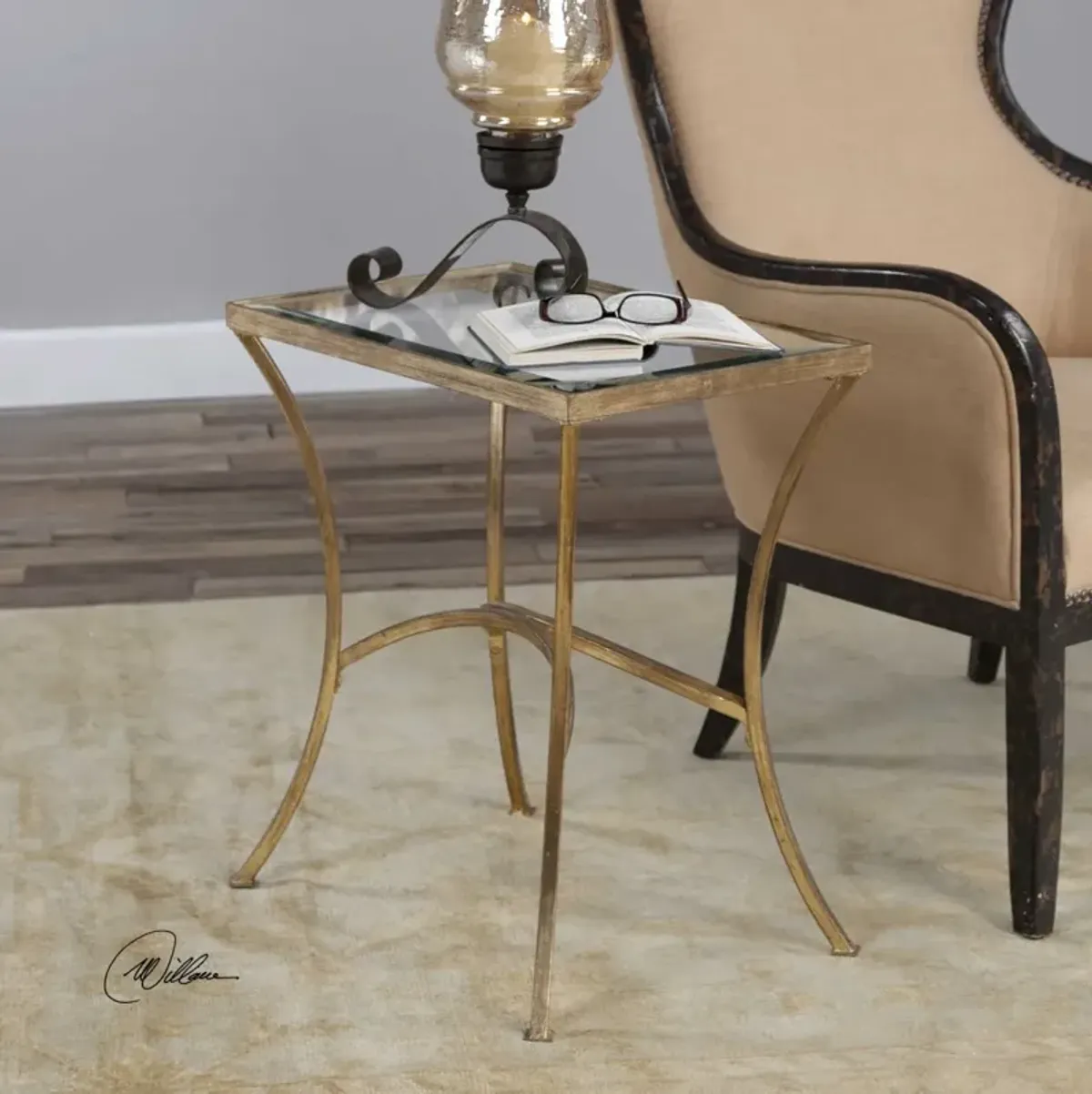 Uttermost Alayna Glass End Table with Antique Gold Leaf Finish