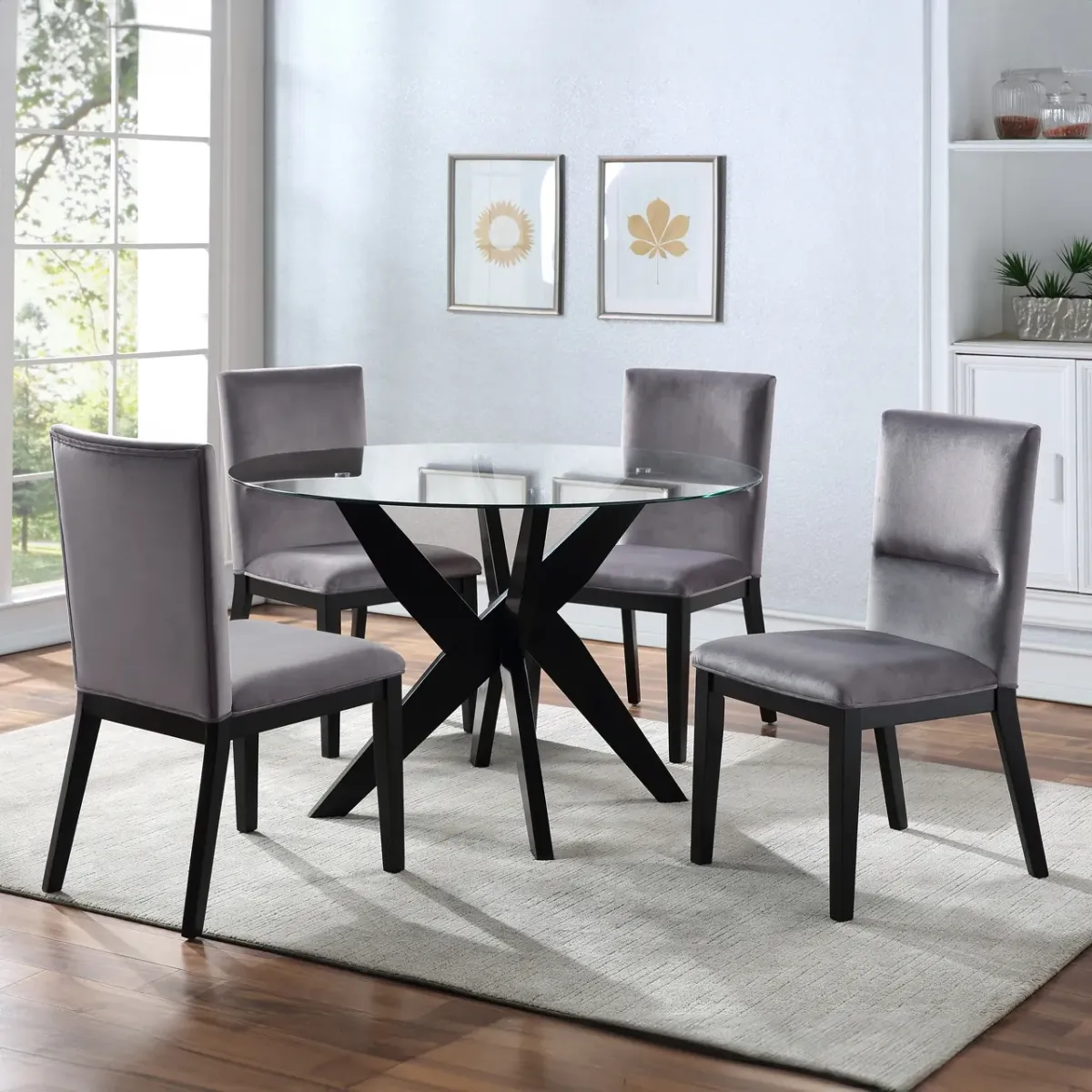Steve Silver Amalie 48-Inch Round Tempered Glass Top 5-Piece Dining Set With Black Base & Grey Velvet Side Chairs