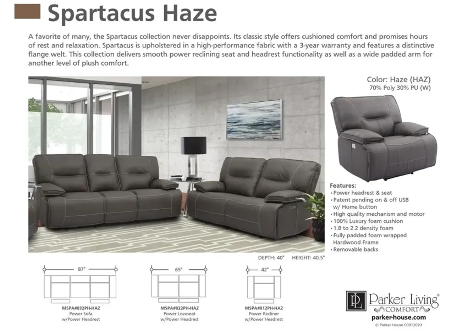 Parker House Spartacus Power Reclining Loveseat in Haze Color