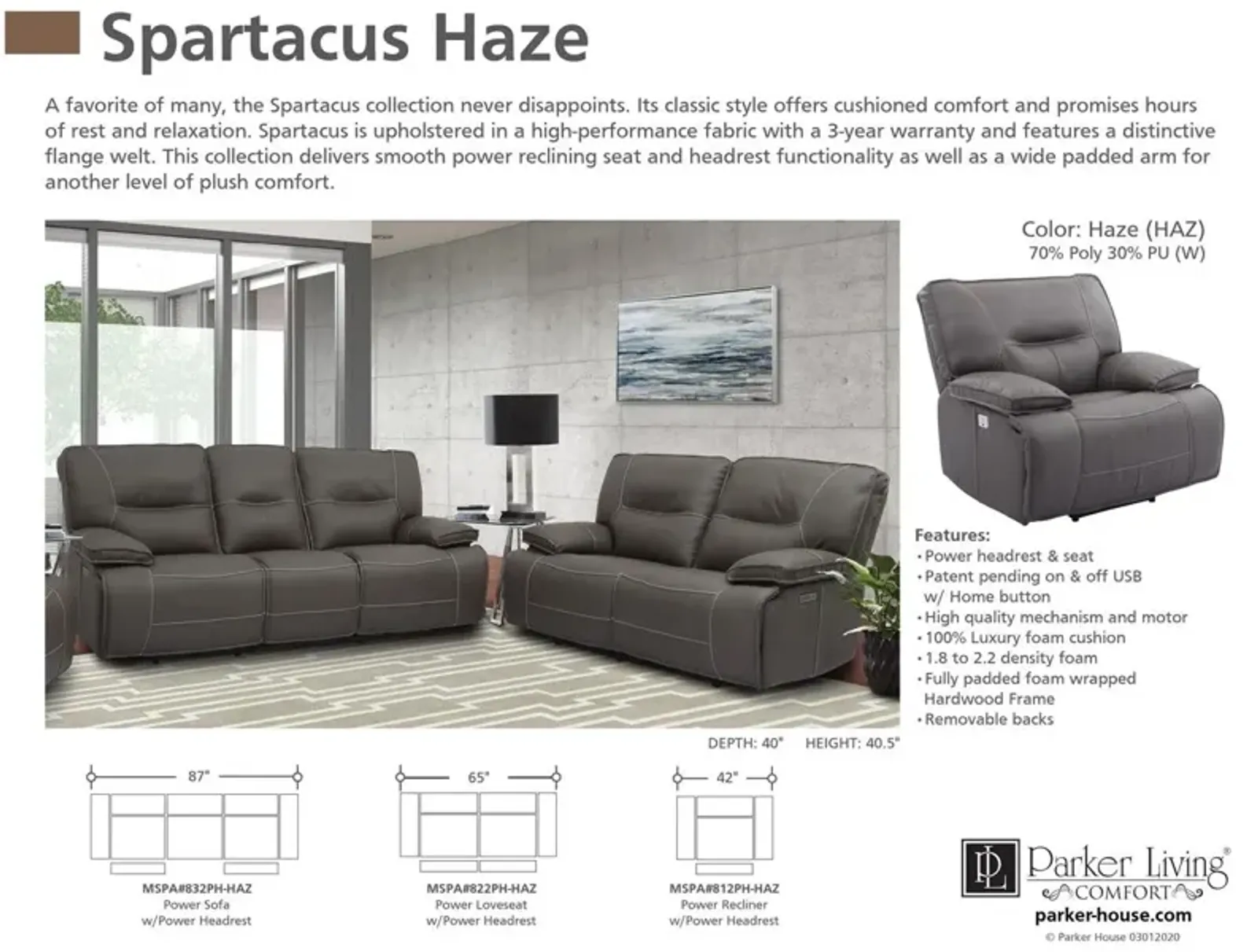 Parker House Spartacus Power Reclining Loveseat in Haze Color