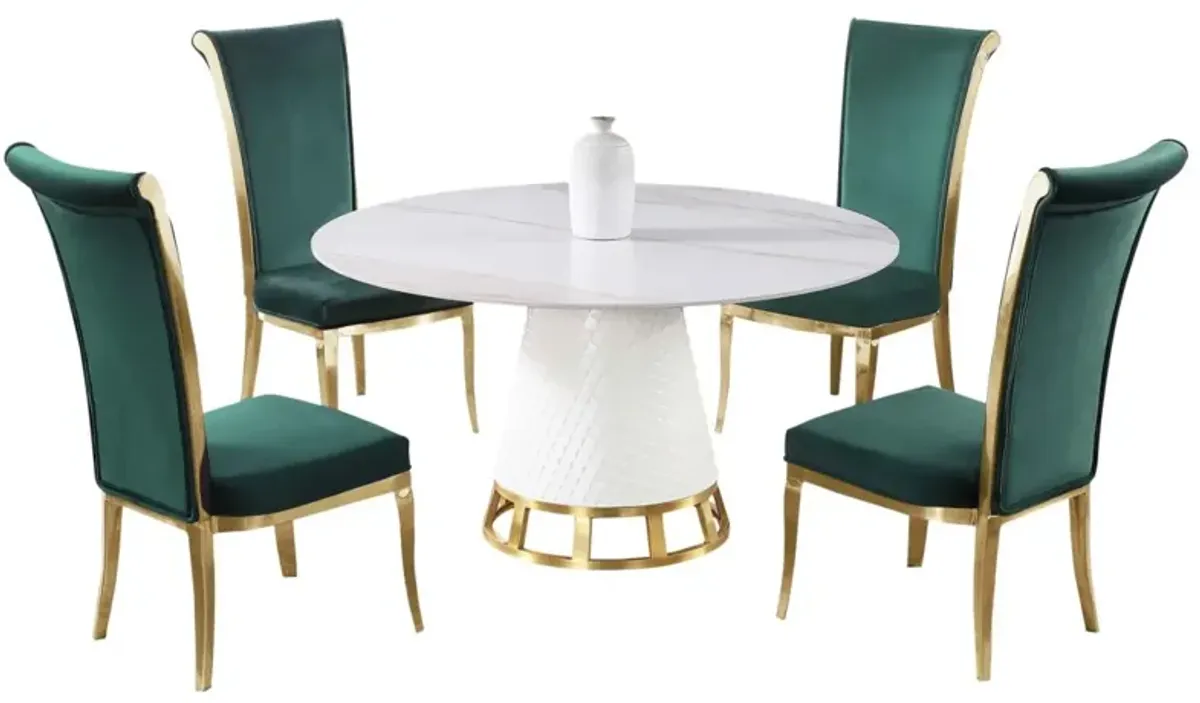 Chintaly Khloe Green/Brushed Gold Dining Set with Sintered Stone Wooden & Golden Table with High Back Golden Frame Side Chairs