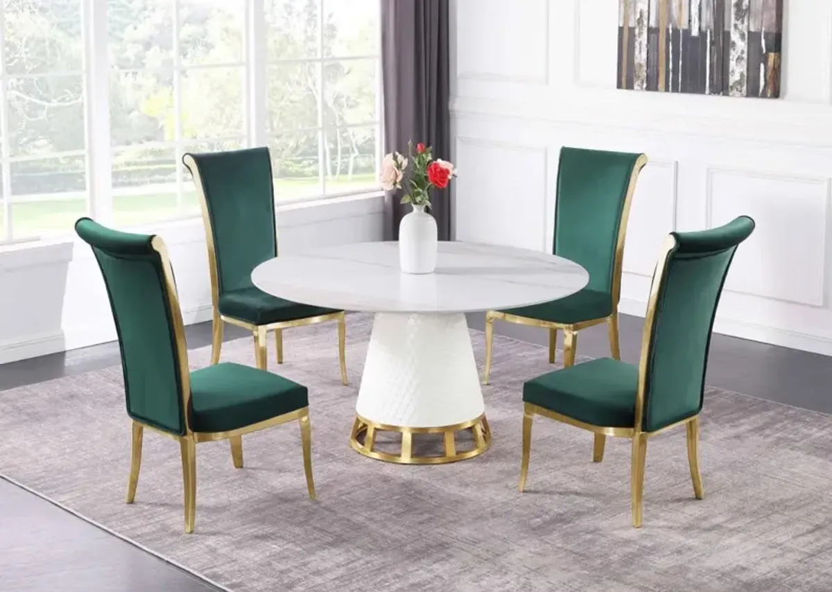 Chintaly Khloe Green/Brushed Gold Dining Set with Sintered Stone Wooden & Golden Table with High Back Golden Frame Side Chairs