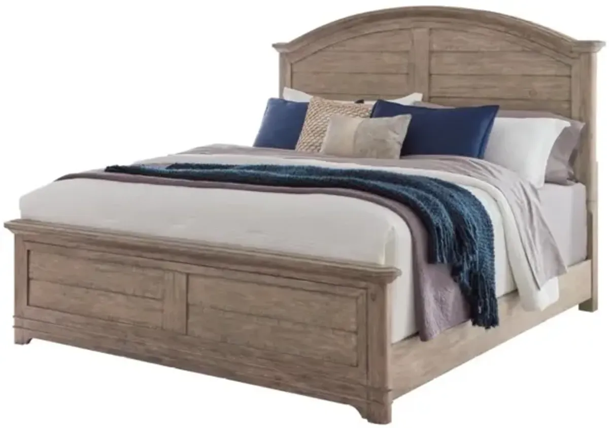 American Woodcrafters Meadowbrook Sand King Arched Panel Bed Dresser Mirror & Two 1-Drawer Nightstands