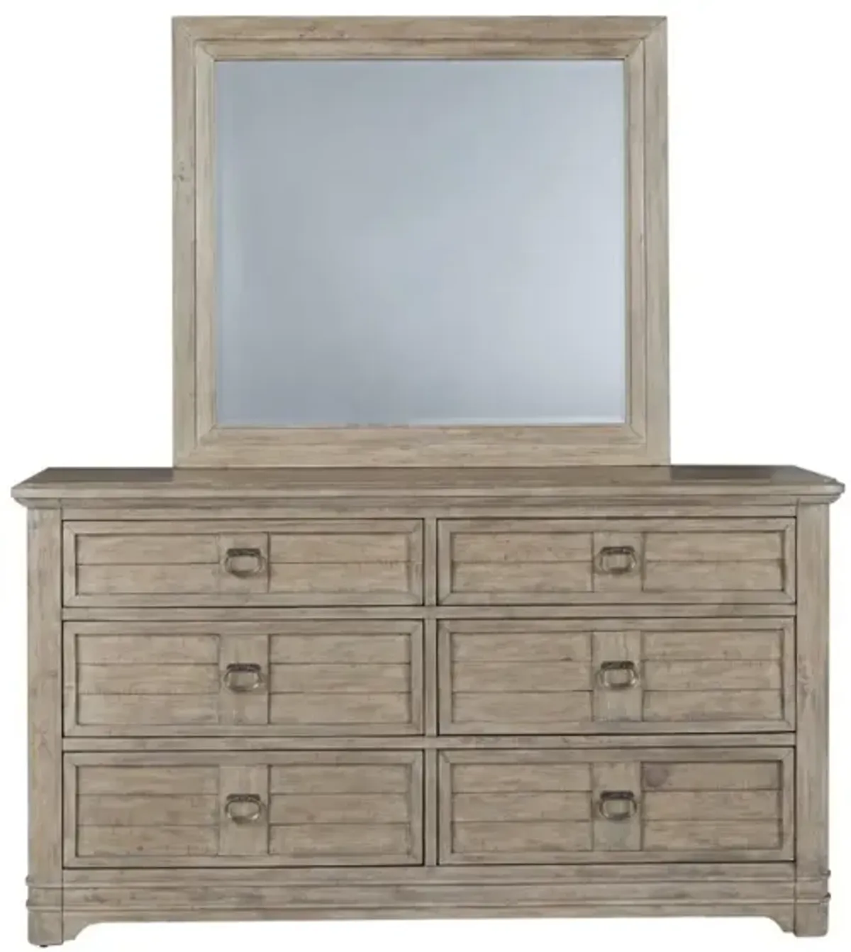 American Woodcrafters Meadowbrook Sand King Arched Panel Bed Dresser Mirror & Two 1-Drawer Nightstands