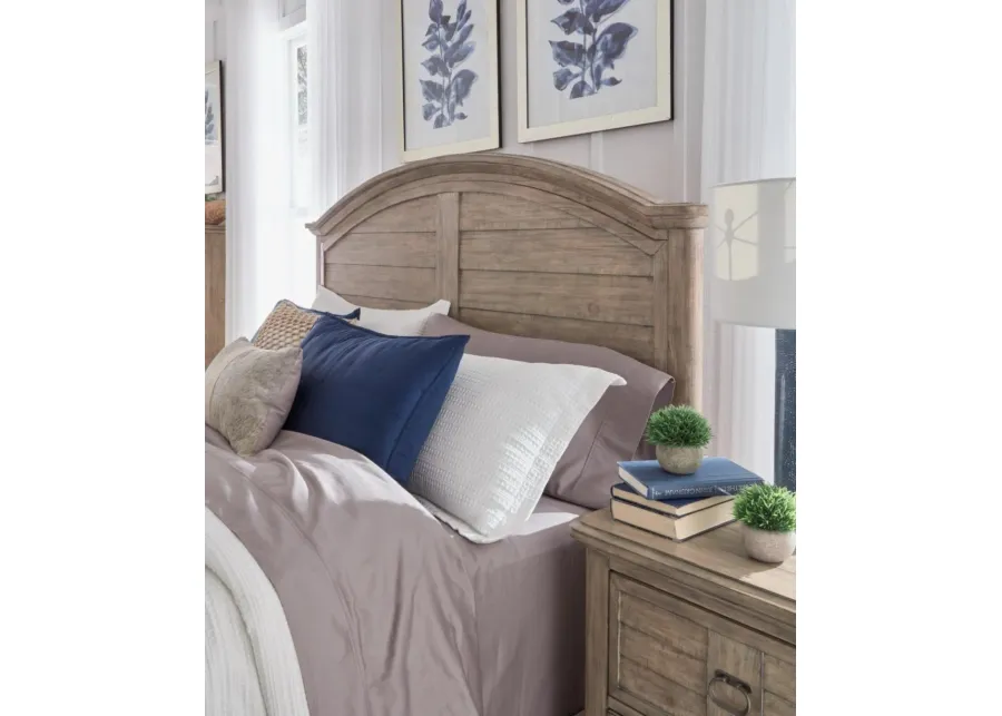 MEADOWBROOK SAND KING ARCHED PANEL BED, DRESSER, MIRROR & TWO 1-DRAWER NIGHTSTANDS