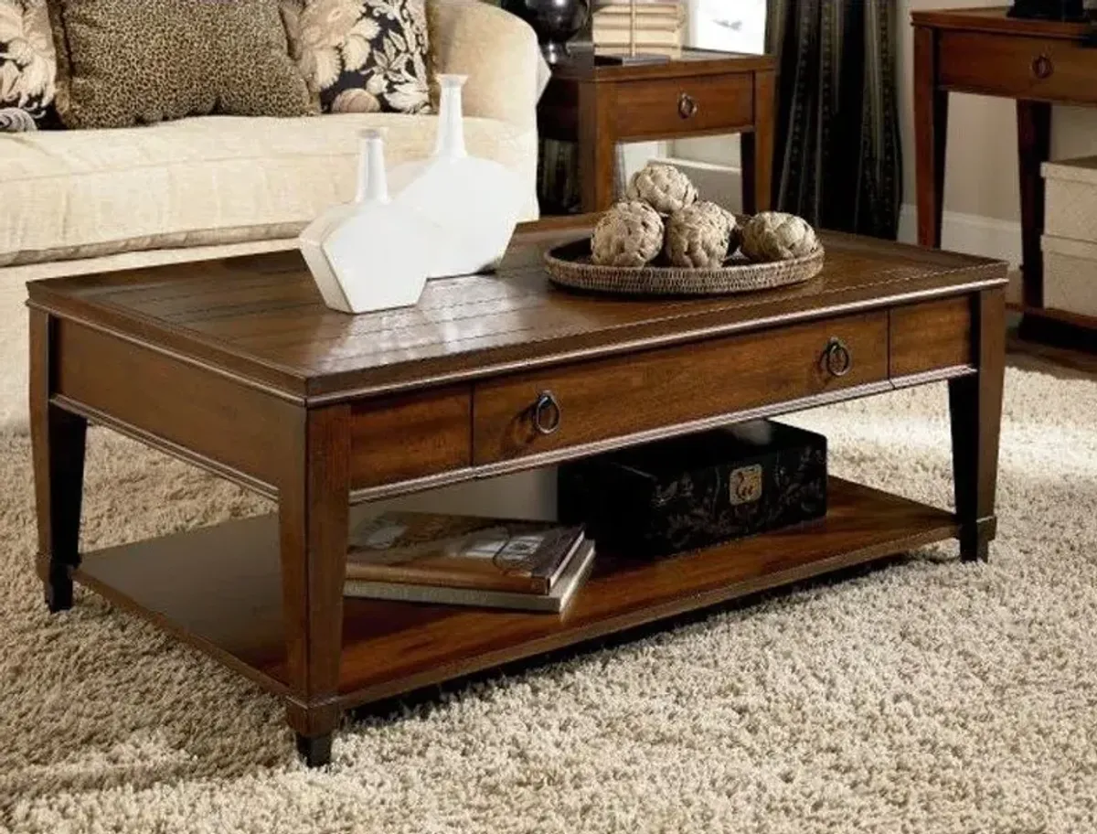 Hammary Traditional Mahogany Wood Coffee Table with Shelf & Drawers