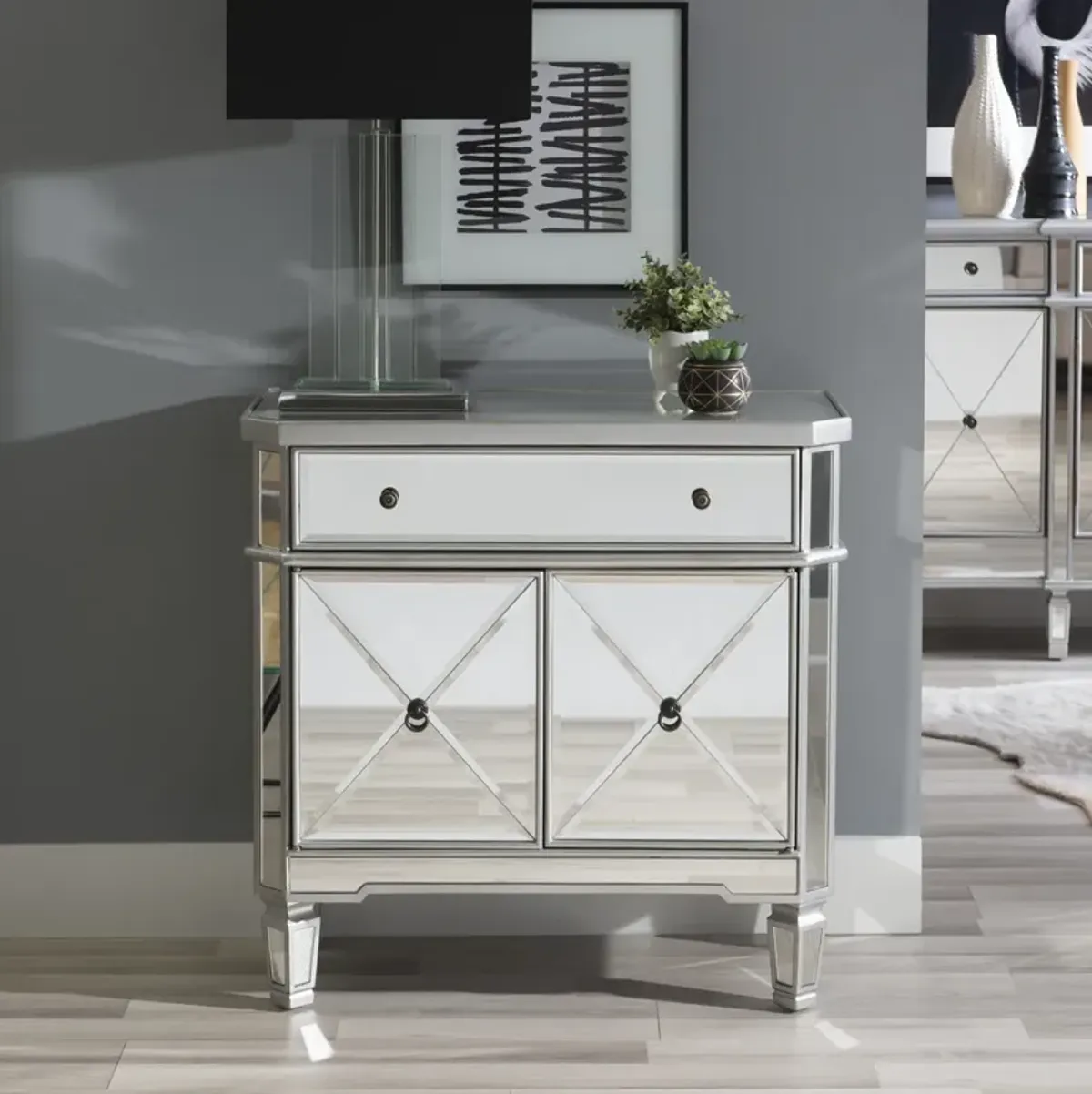 Powell Mirrored 1-Drawer 2-Door Console Table Accent Cabinet