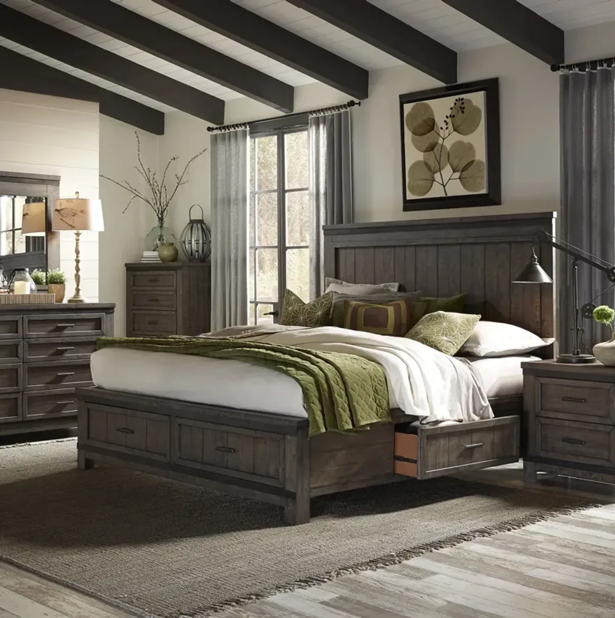 Liberty Furniture Complete Queen Bedroom Set Two-Sided Storage Bed, Dresser, Mirror, Chest & Nightstand Thornwood Hills