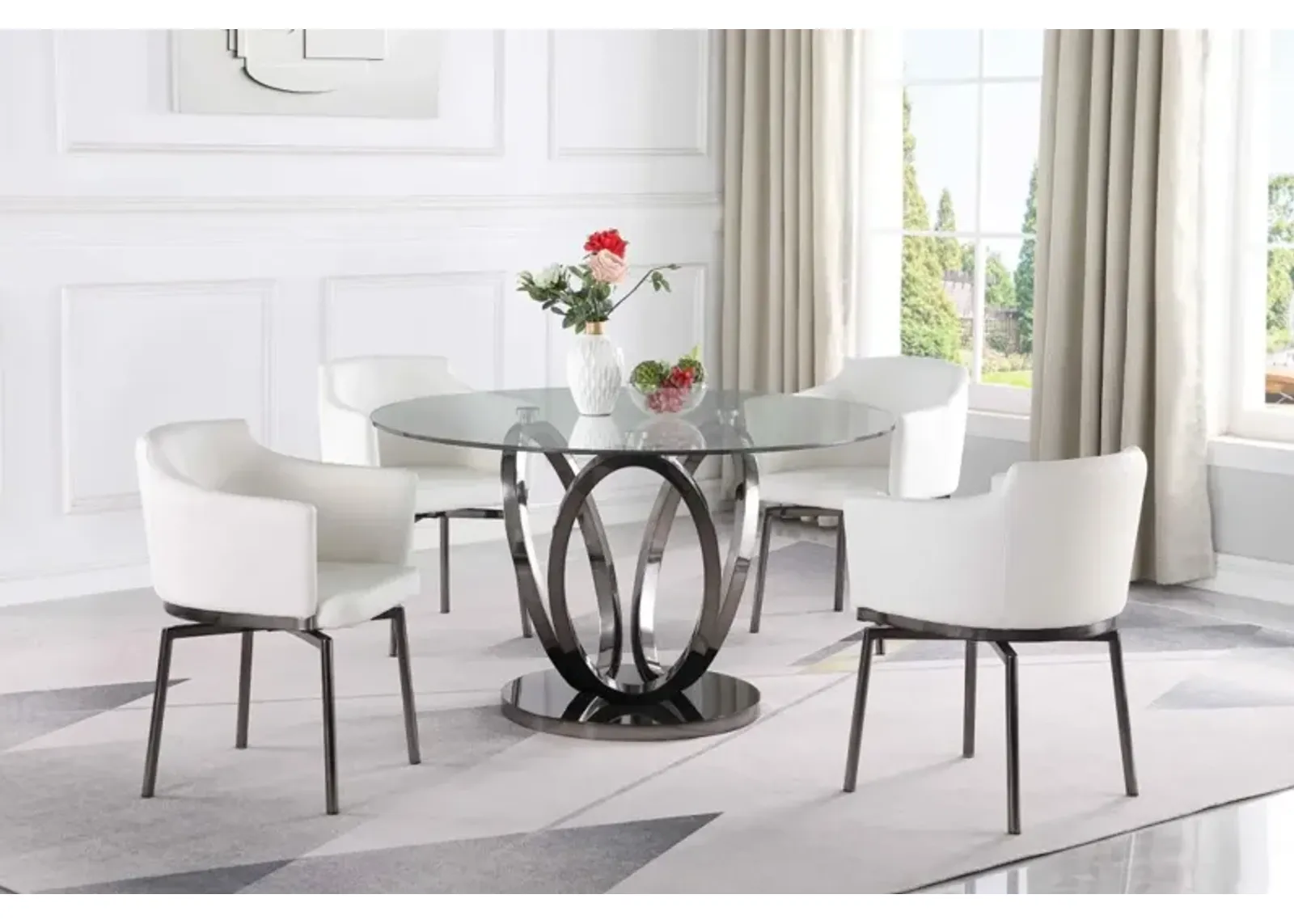 Chintaly Evelyn Contemporary Glass Top Dining Table with 3-Ring Steel Base