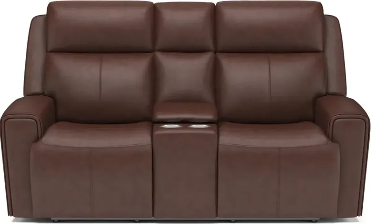 Flexsteel Barnett Timber Power Reclining Leather Loveseat with Console & Power Headrests & Lumbar