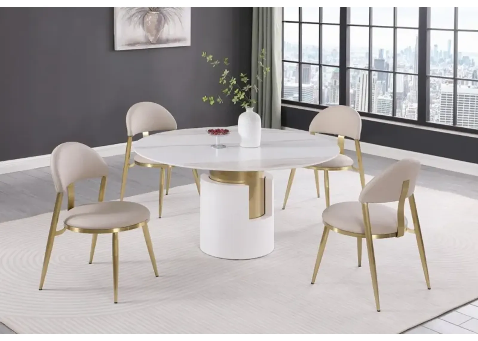 Chintaly Kiana Dining Set with Marbleized Sintered Stone Top Table & Golden Frame Chairs