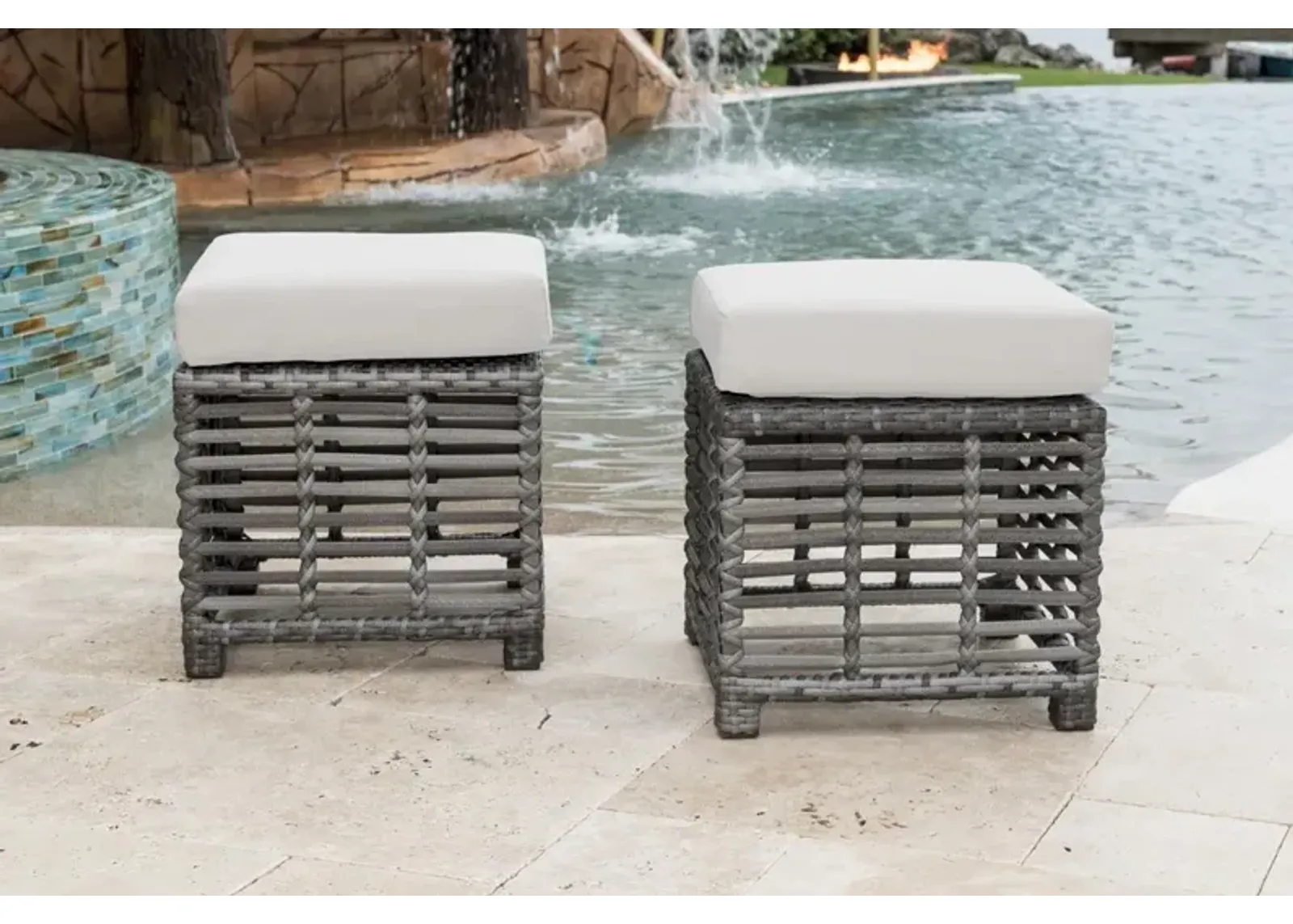 PANAMA JACK GRAPHITE SET OF 2 SMALL OTTOMANS W/OUTDOOR OFF-WHITE FABRIC