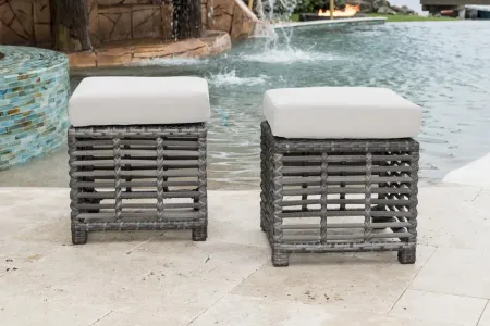 PANAMA JACK GRAPHITE SET OF 2 SMALL OTTOMANS W/OUTDOOR OFF-WHITE FABRIC
