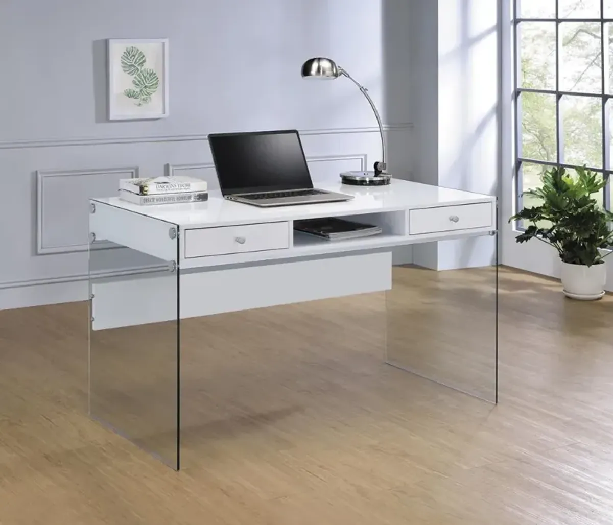 Coaster Dobrev 48 Inch 2-Drawer Writing Desk White High Gloss