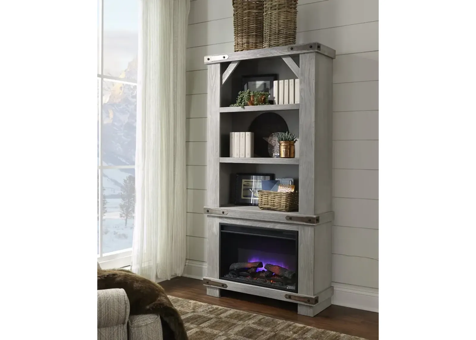 SAWYER LIGHTHOUSE GREY 74 INCH FIREPLACE BOOKCASE